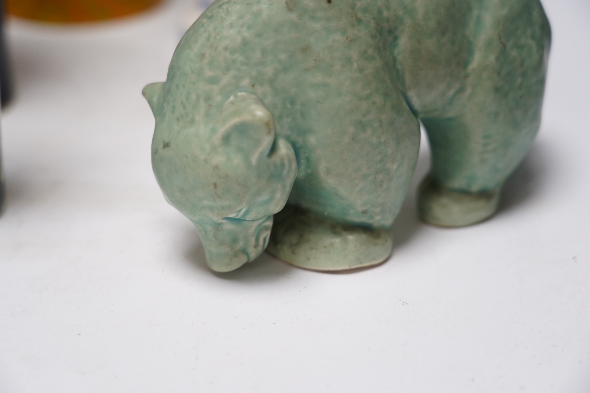 A Rye Pottery figure of Chaucer's Wife of Bath, five various pottery vases and a pottery bear, tallest 27cm high